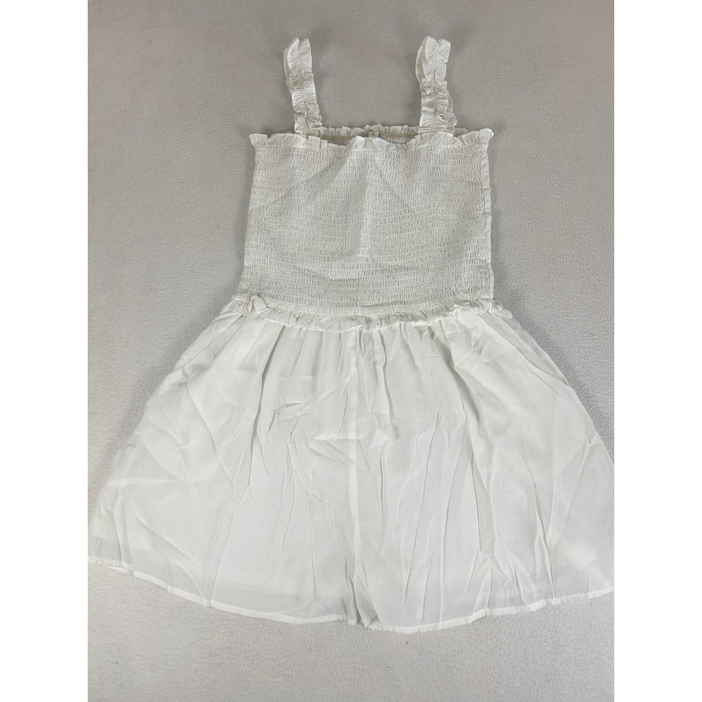 Glam White Smocked Ruffle Hem Romper Shorts Elastic Waist Pockets Size S